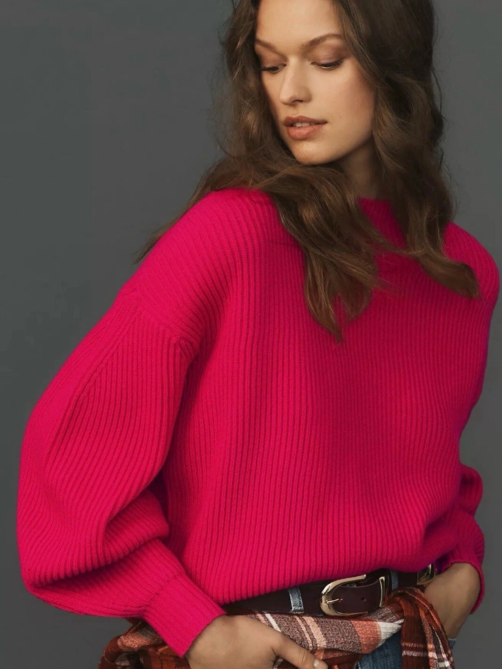 Maeve Anthropologie Raspberry Pink Ribbed Mock Neck Sweater Large